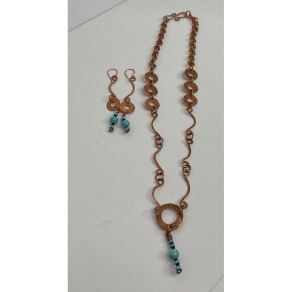 Copper Wire Necklace Earrings Set With Turquoise Gemstones Hand Crafted Boho - Picture 11 of 15